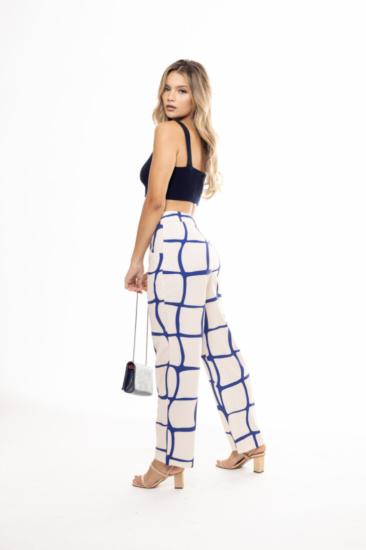 Calça Alfaiataria Cós Alto Estampa Abstrata Azul - Imagem 2