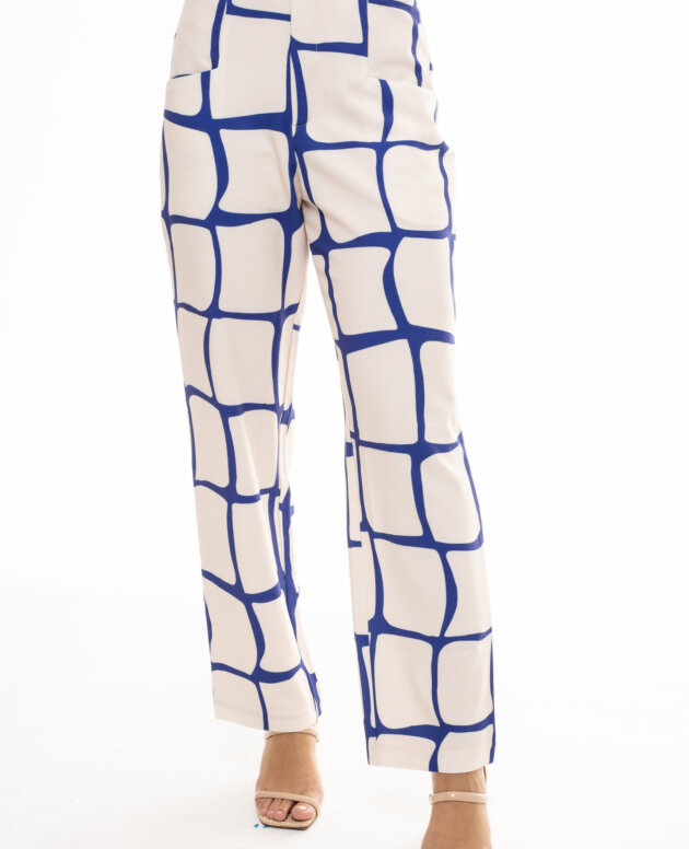 Calça Alfaiataria Cós Alto Estampa Abstrata Azul