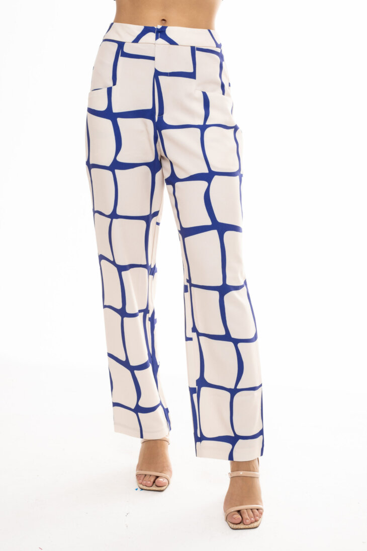 Calça Alfaiataria Cós Alto Estampa Abstrata Azul