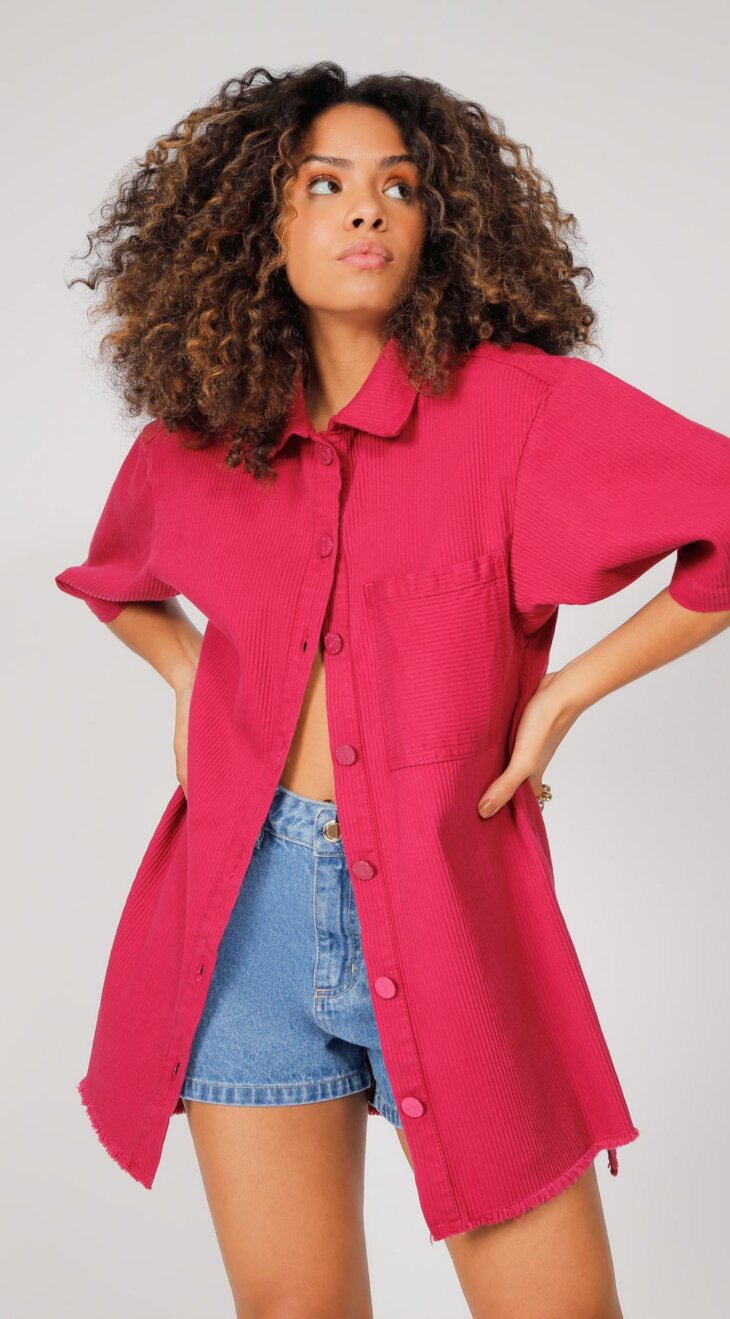 Camisa Jeans Magenta Manga Curta