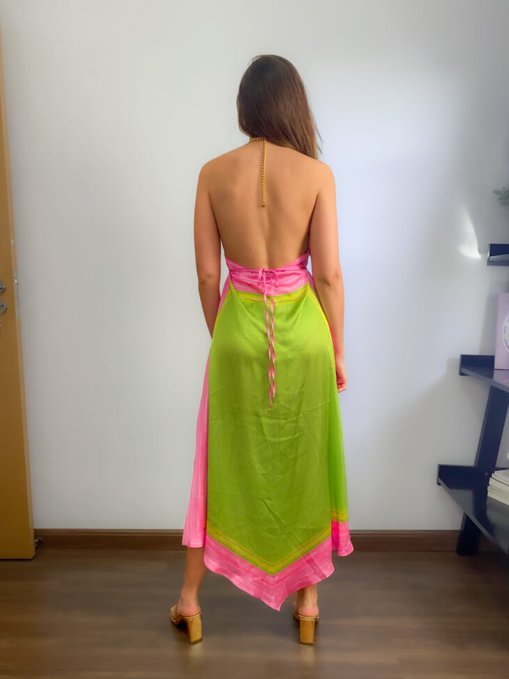 Vestido Midi Frente Única Verde e Rosa Zinco - Imagem 4