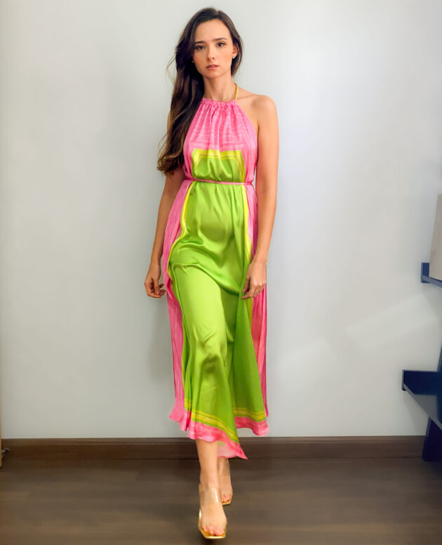 Vestido Midi Frente Única Verde e Rosa Zinco