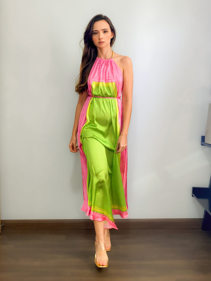 Vestido Midi Frente Única Verde e Rosa Zinco